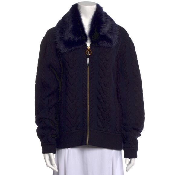 TORY BURCH Contraire Merino Wool Cable Knit Faux Fur Sweater Bomber Jacket XL